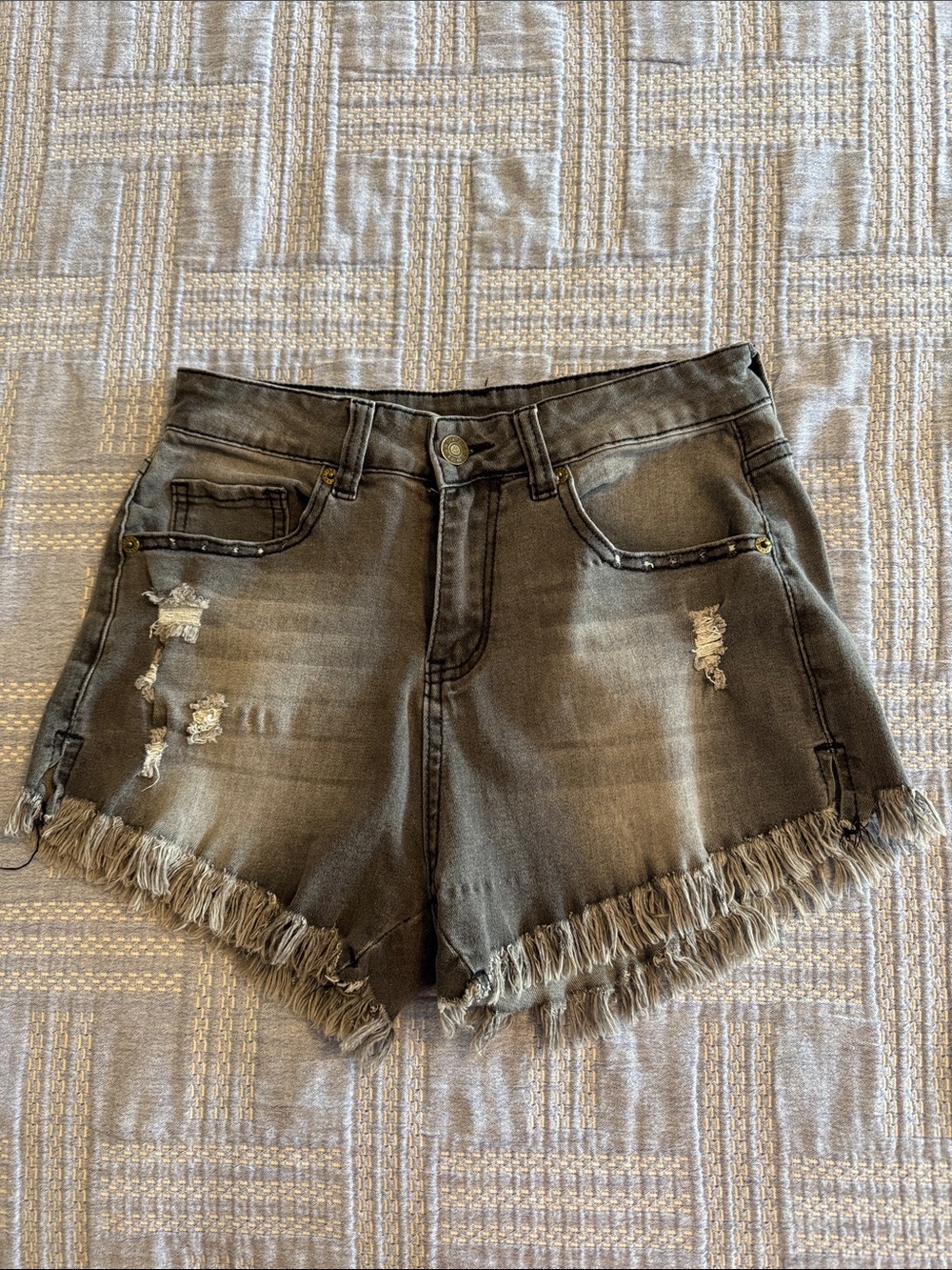 Amazon Women's Charcoal Distressed Frayed Hem Denim Shorts